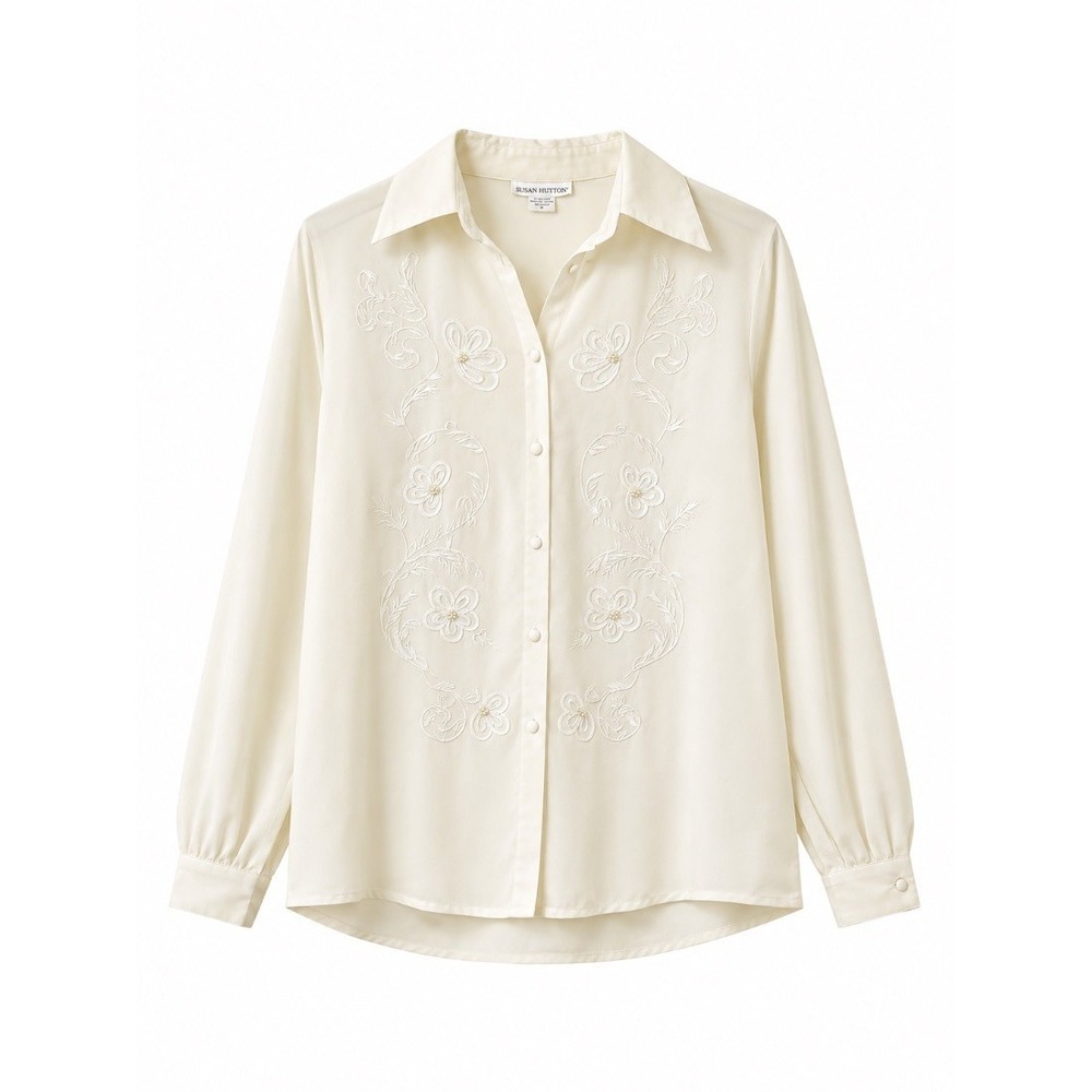 Susan Hutton‎ Womens Ivory Floral Embroidered Button Down Blouse Top Size 6